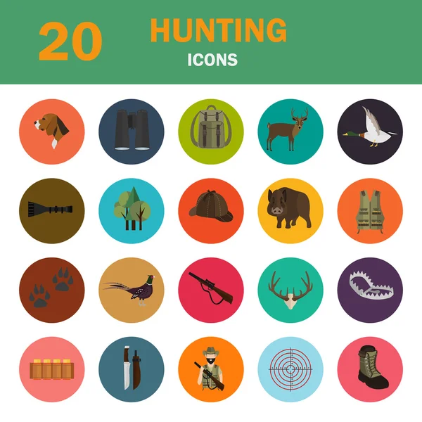 Húsz színes lapos vadászat ikonok beállítása — Stock Vector
