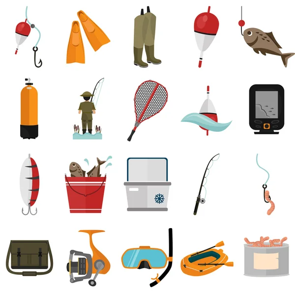 Húsz halászati színes lapos ikonok beállítása — Stock Vector