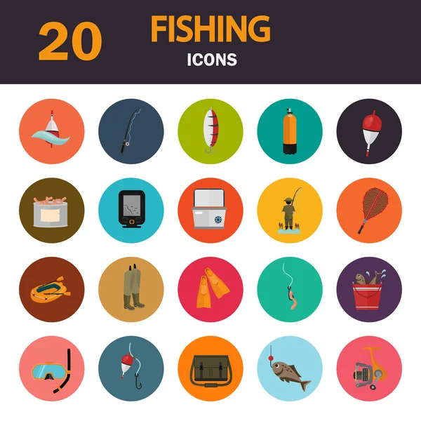 Uppsättning av tjugo fiske färg platta ikoner — Stock vektor