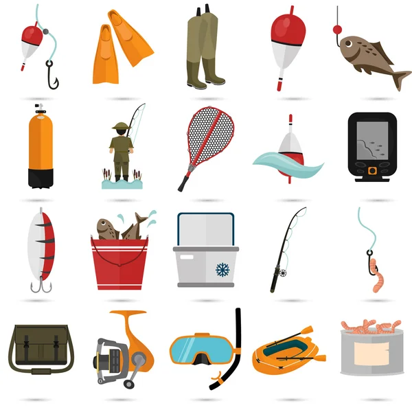 Conjunto de veinte iconos planos de color de pesca — Vector de stock