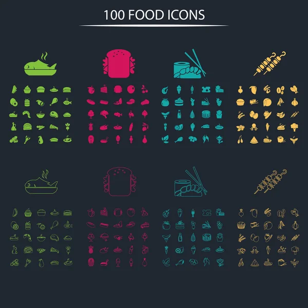 Sada 100 potravin ikon — Stockový vektor