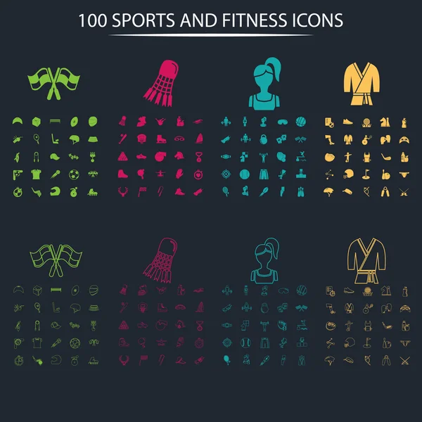 Conjunto de cien iconos deportivos completos y delgados en el fondo — Archivo Imágenes Vectoriales