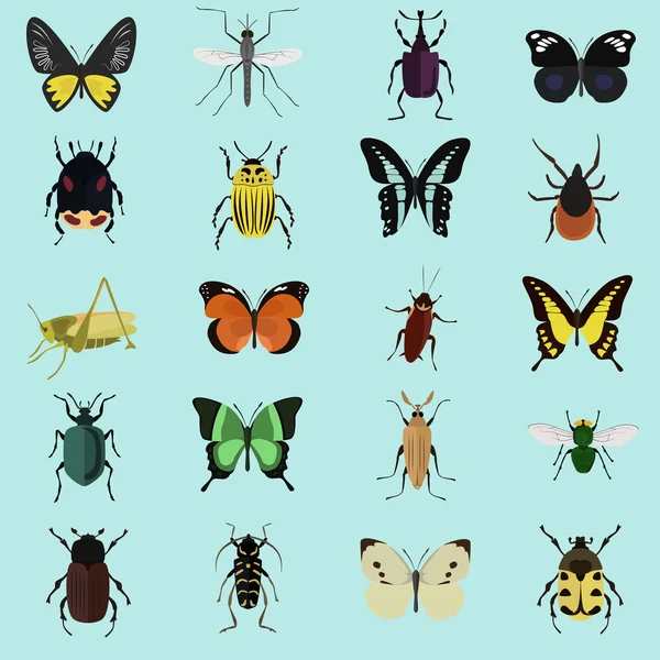 Conjunto de vinte ícones de insetos planos de cor — Vetor de Stock