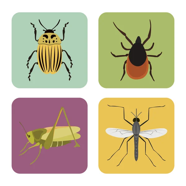 Conjunto de quatro ícones de insetos planos de cor — Vetor de Stock