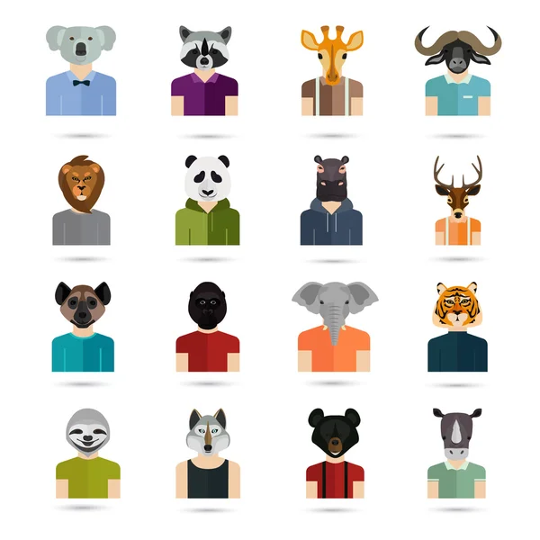 Ensemble de seize avatars animaux couleur icônes plates — Image vectorielle