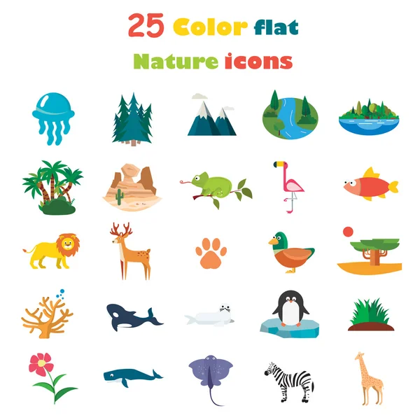 Conjunto de veinticinco iconos de naturaleza plana de color — Vector de stock