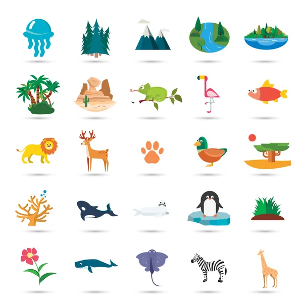 Conjunto de veinticinco iconos de naturaleza plana de color — Vector de stock