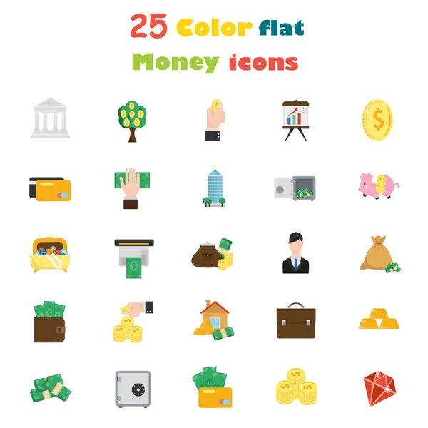 Conjunto de vinte e cinco ícones de dinheiro e finanças de cor plana — Vetor de Stock