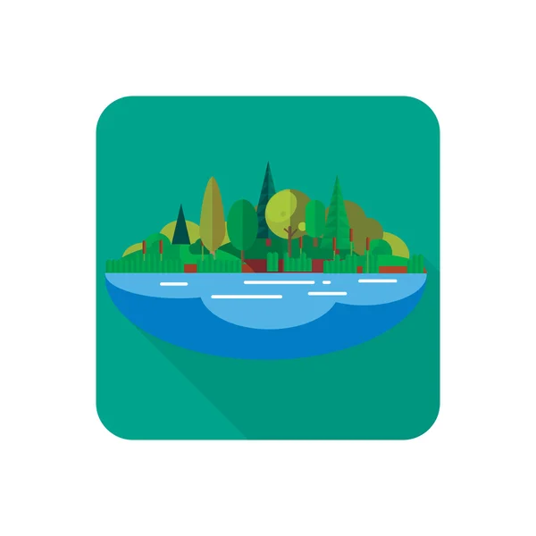 Lago y bosque de color icono plano — Vector de stock