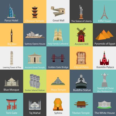 Yirmi beş renk turist konumlar renkli simgeler kümesi. Düz tasarım