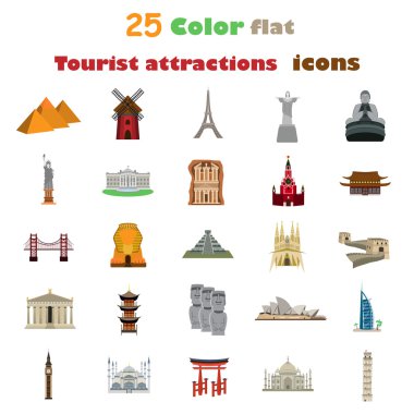 Yirmi beş renk turist konumlar renkli simgeler kümesi. Düz tasarım