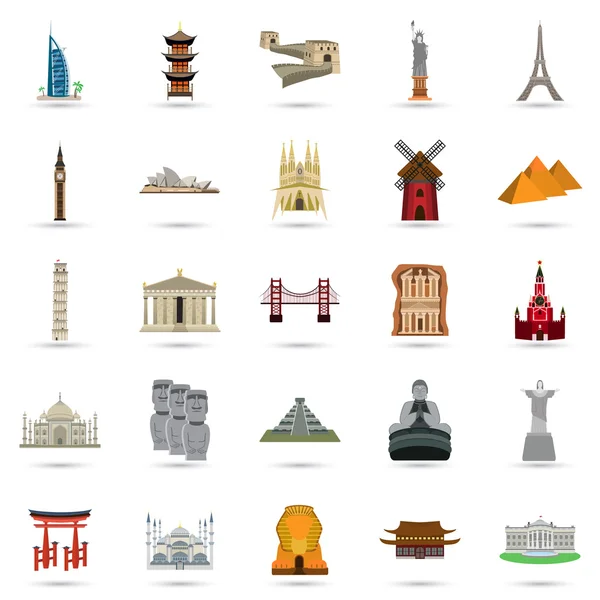 Set van vijf en twintig kleur toeristische attracties kleur iconen. Platte ontwerp — Stockvector