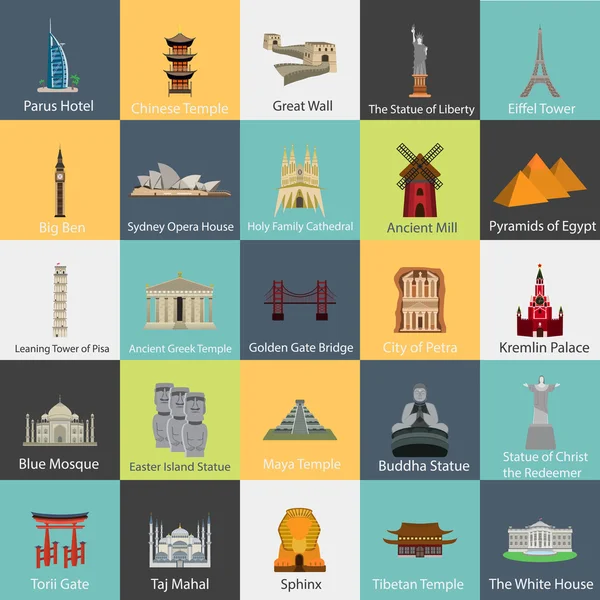 Set of twenty five color tourist attractions color icons. Flat design