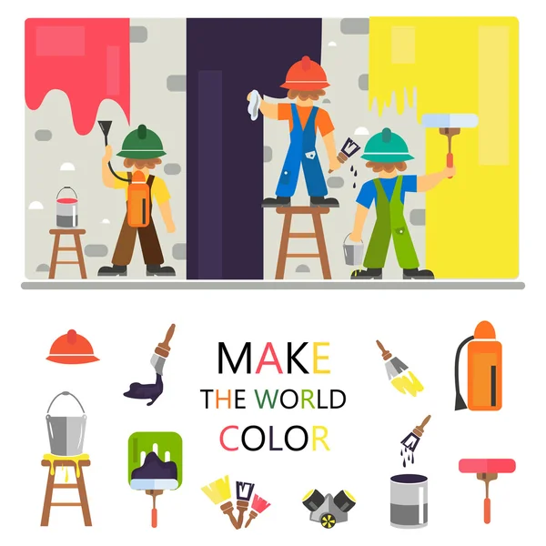 Illustration de travailleurs qui peignent le mur dans une couleur — Image vectorielle