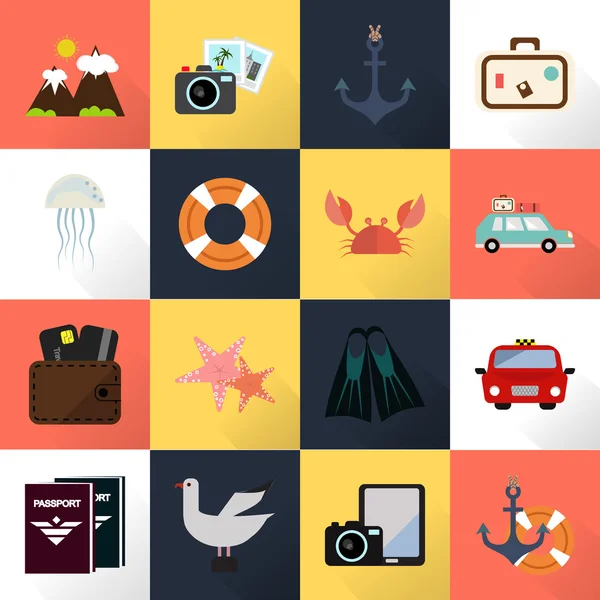 Set di sedici icone di viaggio a colori — Vettoriale Stock