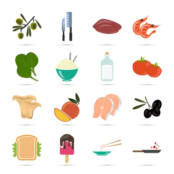 Conjunto de dieciséis iconos de alimentos de color — Archivo Imágenes Vectoriales