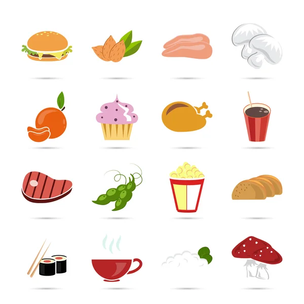 Conjunto de dezesseis ícones de comida a cores —  Vetores de Stock
