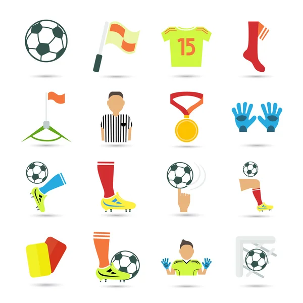 Conjunto de dieciséis iconos de fútbol de color — Archivo Imágenes Vectoriales