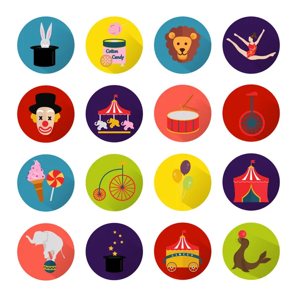 Set van zestien kleur en helder circus pictogrammen — Stockvector