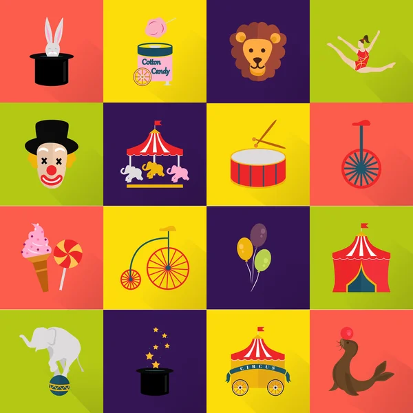 Set van zestien kleur en helder circus pictogrammen — Stockvector