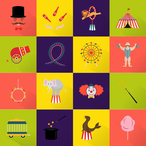 Sada šestnácti barvu a světlé cirkus ikon — Stockový vektor