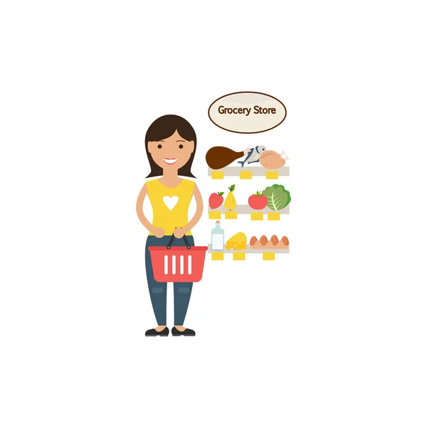 Illustration femme au foyer faire shoppig alimentaire — Image vectorielle