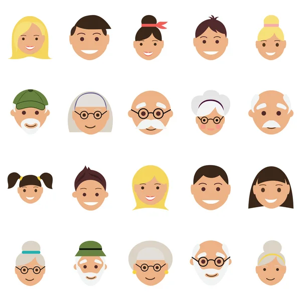 Set of twenty old age and youth avatar faces — Stock Vector