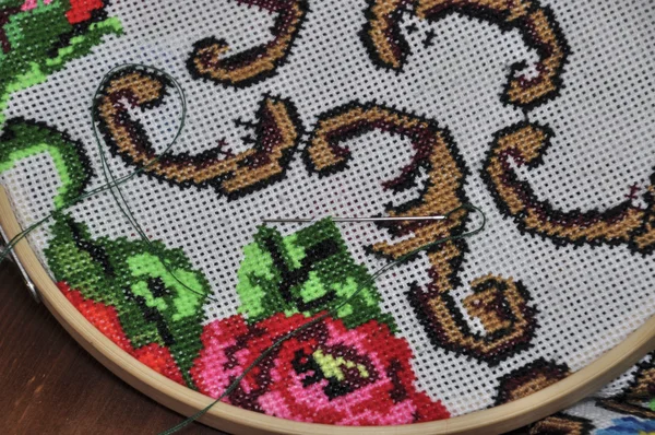 Closeup wooden hoop with the embroidery stitch