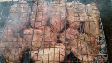 Domuz eti dilim kızarmış biftek ateşe yakın çekim planı