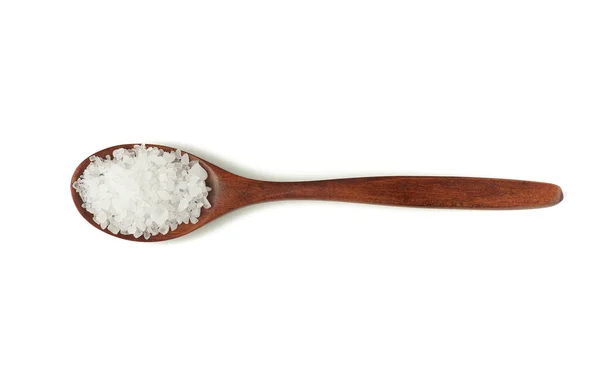 Large Crystals White Sea Salt Brown Wooden Spoon Top View — Stock Photo, Image