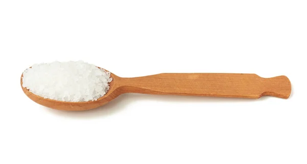 Large Crystals White Sea Salt Brown Wooden Spoon Close — Stock Photo, Image