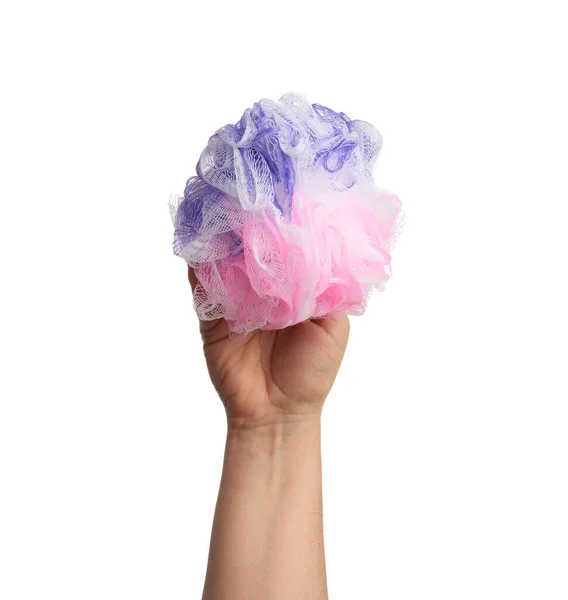 Female Hand Holding Soft Synthetic Washcloth Part Body Raised Isolated — Stock Photo, Image