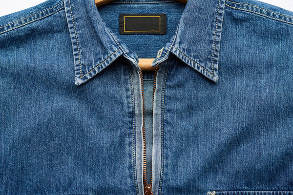 denim mens shirt with metal front zipper, close up
