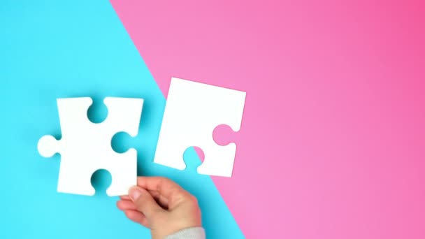 Empty Paper White Pieces Puzzles Female Hands Puzzle Connected Colorful — Stock Video