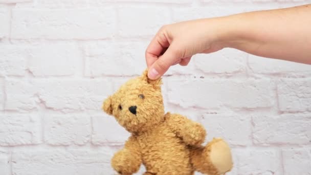 Vrouwelijke Hand Houdt Het Oor Van Een Beige Schattige Teddybeer — Stockvideo