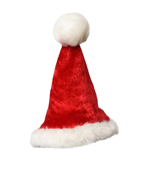 Κόκκινο Εορταστικό Καπέλο Santa Claus Λευκό Πομπόν Απομονωμένο Λευκό Φόντο — Φωτογραφία Αρχείου