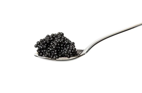 Fresco Grainy Preto Paddlefish Caviar Colher Metal Isolado Fundo Branco — Fotografia de Stock