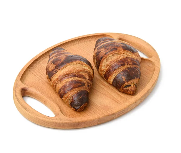 Two Baked Croissants Lie Wooden Tray Food Isolated White Background — Stock Photo, Image
