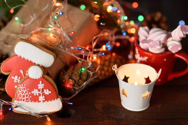 Baked Christmas Gingerbread Cookies Cocoa Marshmallows Burning Holiday Lights Brown — Stock Photo, Image