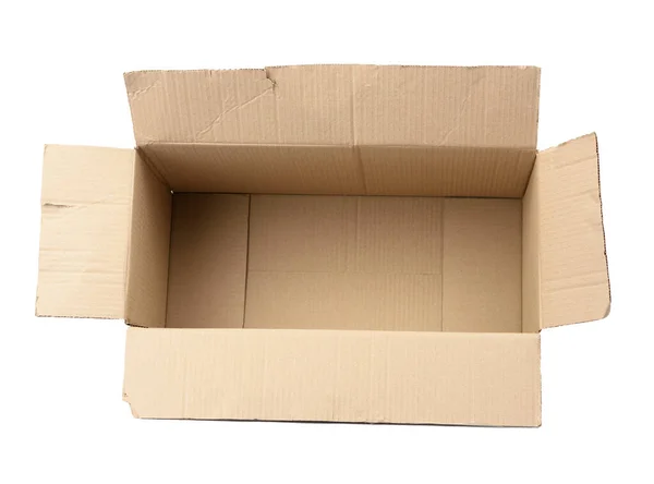 Caja Rectangular Cartón Vacía Abierta Hecha Papel Marrón Corrugado Aislado — Foto de Stock