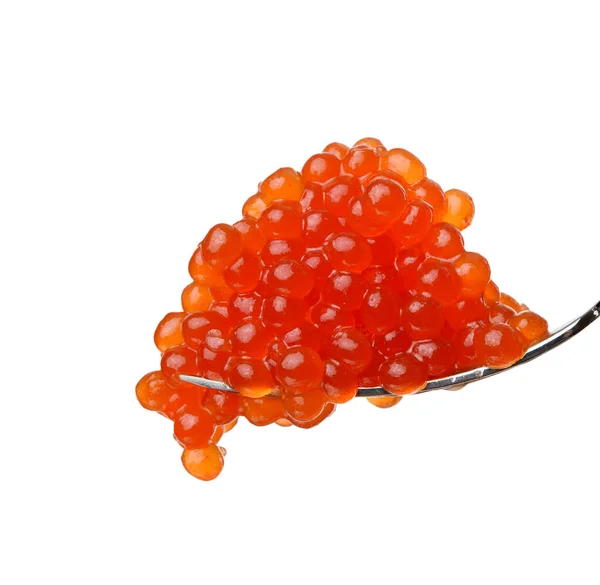 Fresco Grão Vermelho Chum Salmão Caviar Garfo Metálico Fundo Branco — Fotografia de Stock