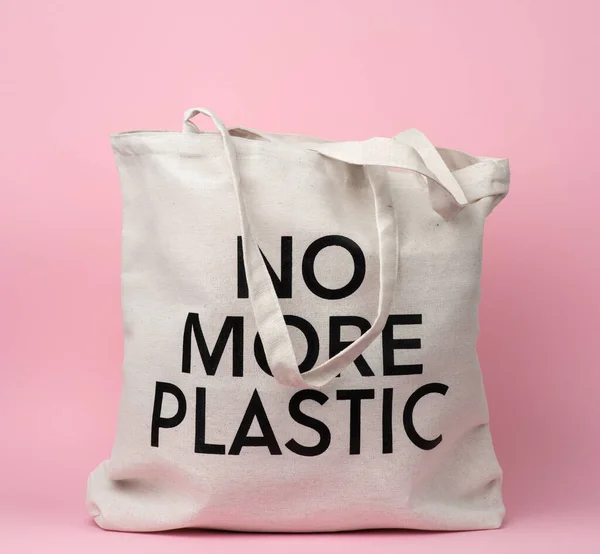 Beige Stofftasche Mit Aufschrift Kein Plastik Mehr Auf Rosa Hintergrund — Stockfoto