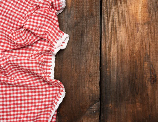 Toalla Cocina Roja Sobre Fondo Madera Marrón Vista Superior Espacio — Foto de Stock