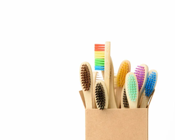 Multicolored Wooden Toothbrushes White Background Plastic Rejection Concept Zero Waste — Stock Photo, Image