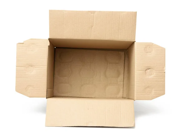 Открытая Пустая Картонная Прямоугольная Коробка Гофрированной Коричневой Бумаги Изолированная Белом — стоковое фото