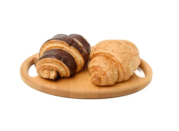 Two Baked Croissants Lie Wooden Tray Food Isolated White Background — Stock Photo, Image
