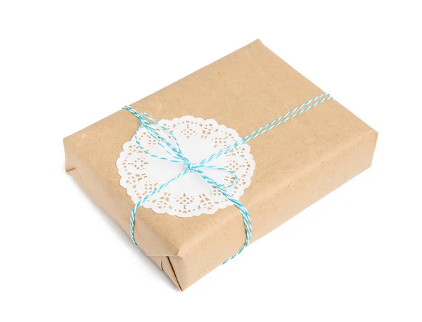 Box Wrapped Brown Kraft Paper Tied Blue Rope Gift Isolated — Stock Photo, Image