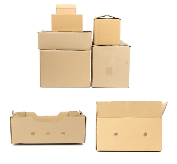 Zásobník Uzavřených Lepenkových Hnědých Papírových Krabic Izolovaných Bílém Pozadí Sada — Stock fotografie