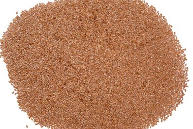 Kuru kahverengi keten tohumlarının dokusu, üst görünüm, beyaz arkaplan