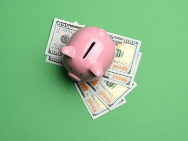 Pembe seramik domuz kumbarası ve yeşil arka planda kağıt dolarlar.